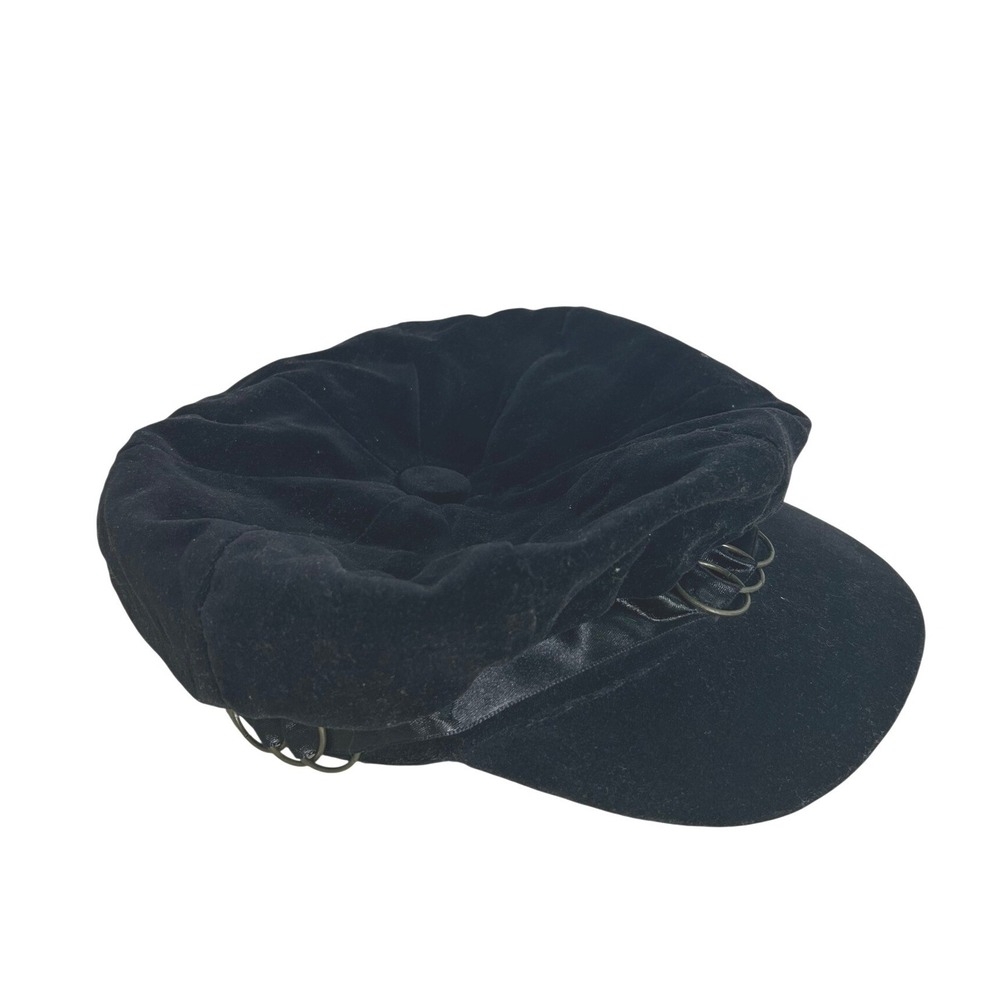 Y2K Massini Newsboy Cap Black Velvet Baker Boy Ring Detail Goth Retro grunge 90s
